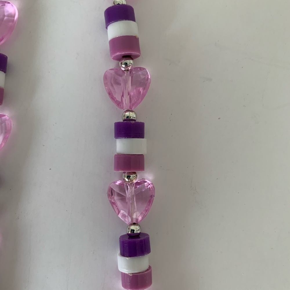 Girls Necklace & Bracelet Set Child’s Size Purple White Beaded Heart Jewelry - Picture 6 of 11